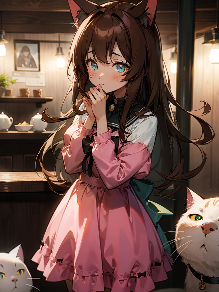 An anime cat girl bats a ball of yarn in a cozy cat cafe with sparkling eyes, brown hair, long hair, cat ears, bows in hair, pink dress