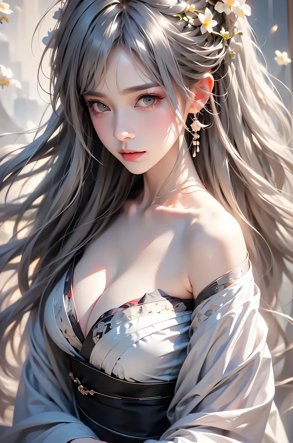 super high quality, masterpiece, Perfect illustration, Very detailed (Exquisite light and shadow, Very dramatic photo,Backlight) , ((Gray Hair:1.5))1 girl,(( Alone:1.6)), (Wearing Hanfu, Black Hanfu,Monotony,Long sleeve、Gorgeous costumes、Highly decorated Hanfu) flower畑, flower, (white smoke:1.3) (Realistic:1.4), Zen Intertwining, [ "Intertwined, Official Art, unity 8k wallpaper, Very detailed, Beautiful and beautiful, masterpiece, Best Quality, (Dynamic Angle: 1.4), Glowing Skin, (Floating colorful flashes: 1) The most beautiful chaotic shapes, elegant, Brutalist Design, Bright colors, Romantic Depth of Field Exotic_dance, half_naked、Expose your shoulders、Ample breasts、Great Cleavage、Dynamic pose、Backlight,
