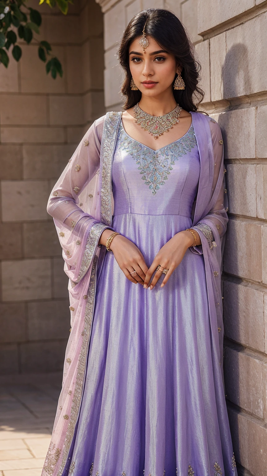 A pastel lavender Anarkali suit with a floor-length, flowy georgette fabric, featuring silver threadwork and sequins scattered across the bodice and hem. The suit has full sheer sleeves with intricate embroidery along the cuffs. Paired with a matching lavender chiffon dupatta with silver border detailing. Accessories include a statement silver necklace, small stud earrings, and a delicate silver anklet (payal).