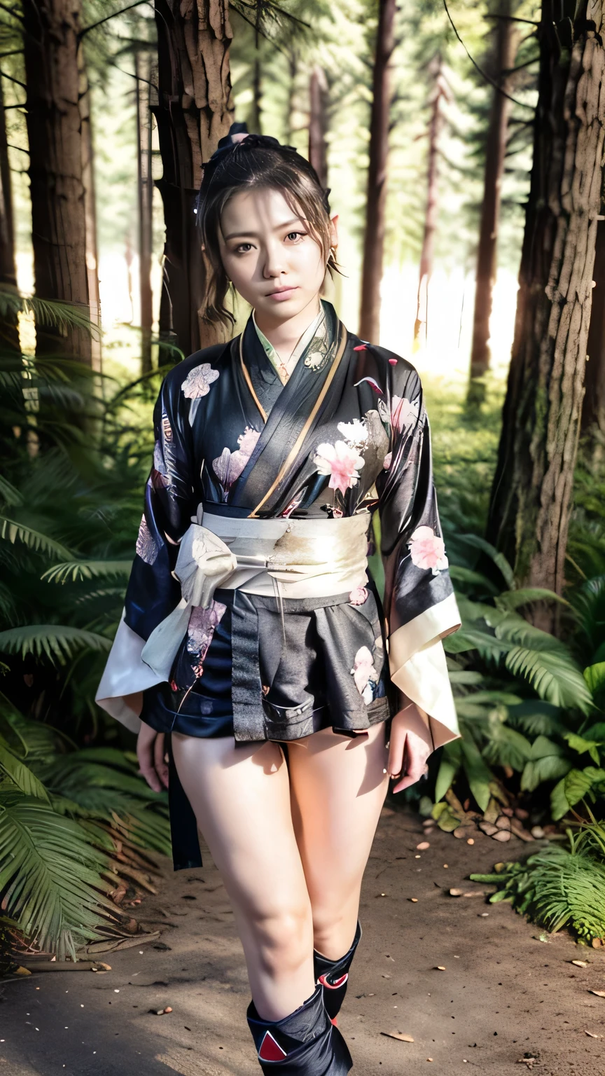 ((Ninja standing in the forest:1.2、Black kimono with red floral print))、(Realistic、As shown in the picture、live-action、8k, Realistic, RAW Photos, Best image quality: 1.4), SLR camera、RAW Photos, Best Quality, Realistic, Highly detailed CG Unity 8k wallpaper, Written boundary depth, Cinematic Light, Lens Flare, Ray Tracing, Realistic background、((Kunoichi:1.4)、Hold the sword:1.3)、(Silver Hair、Short Hair)、((Ultra-dense skin))、((whole body:1.5))、Looking at the audience:1.1、I like that style、Pay attention to the details、Perfect outfit、(White skin)、Accurate Portraits、Accurate Arm、Accurate feet、Beautiful legs、Accurate thighs、Anatomically correct body、View from above