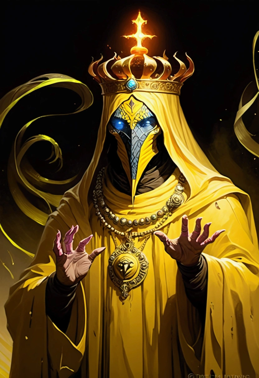 A painting of hastur the king in yellow, yellow-robed, beautiful male ,king in yellow, hastur the king in yellow, , portrait of hastur the king in yellow, the king in yellow,honoring hastur the king in yellow artwork, portrait of the god hastur,hastur,galactic deity, concept art of hastur the king in yellow, peter mohrbacher style,