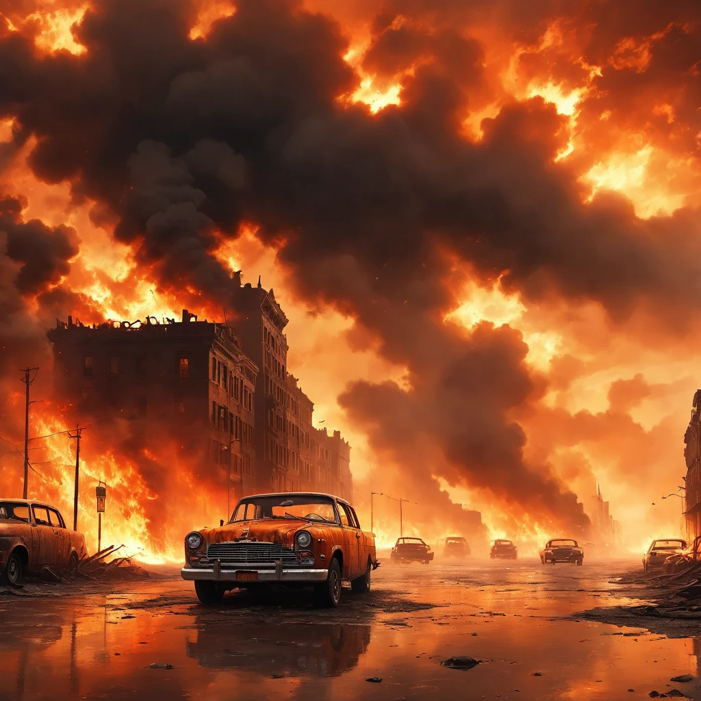 (masterpiece, best quality:1.2), adconstantin, fire, flame, street in the city, in hell, burning city, burning buildings, burning cars, rusty, dust, brown, Orange, dark sky, wicked, scary, horror