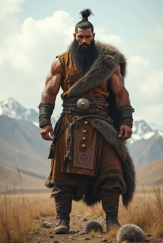 Large, sinewy build, Gruff beard, facial scar, Wild and unkempt appearance, Between 40-50 years of age, Wields a heavy two-handed weapon, influenced by characteristics from Germanic tribes, Nordic Vikings and Mongolian feudalism. Frank Frazetta, Game of Thrones and God of War