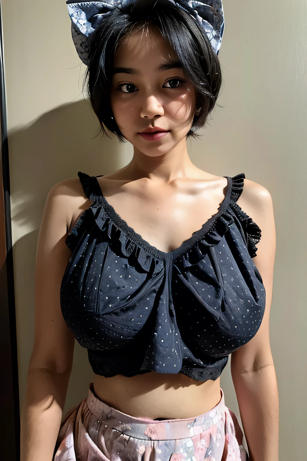 ((Femboy)), Shorthaircut Stylish, adorable, 1 femboy, (face to face), , (()), (cry sad face expression), half body portrait, (face details: 1), (eye details: 1), ((huge breasts:1.4)). wearing transparent transparency soft soft,  .. Cute posed. proportional body. Ultra High Res. realistic: 1.4, UHD, (((V neck bowknot lace hem ruffle print cami top & cotton tiny skirt)) ((Floral Pattern))