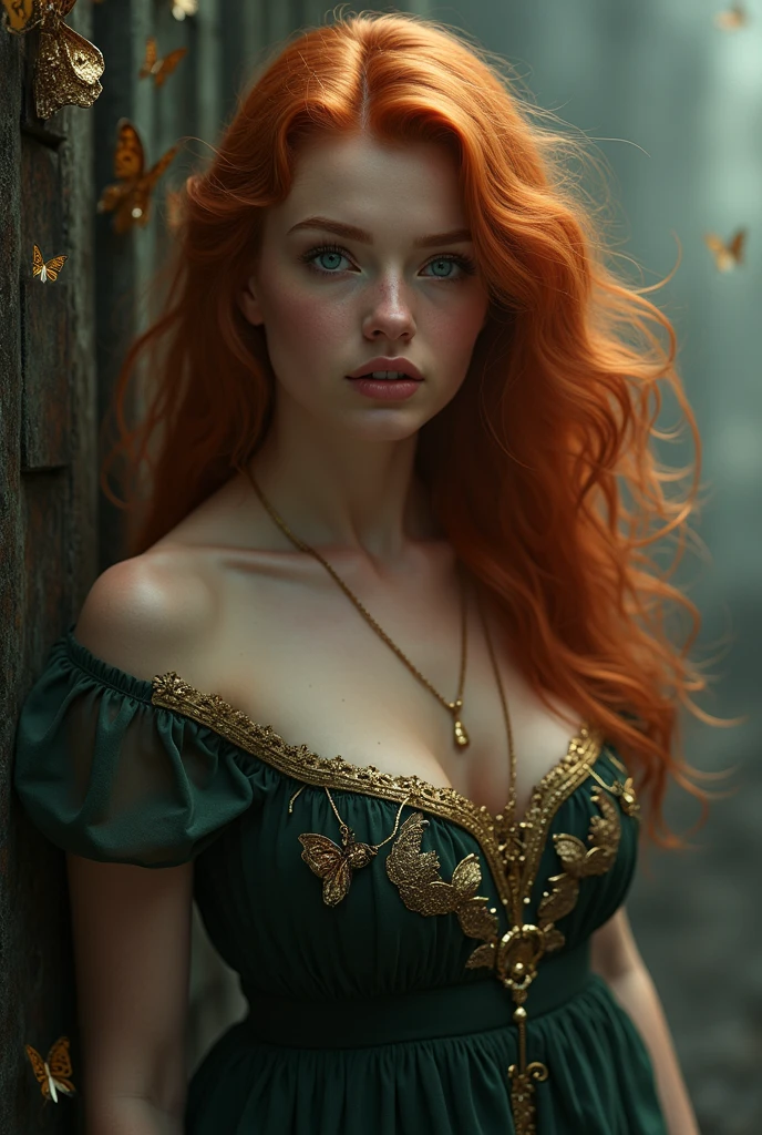 "A beautiful female villain representing the sin of gluttony. She has voluminous chestnut hair, pale white skin, and a serious, hungry gaze. She wears a green dress with a plunging neckline, embodying both allure and menace. Her expression conveys an insatiable appetite, hinting at her dark and consuming nature."