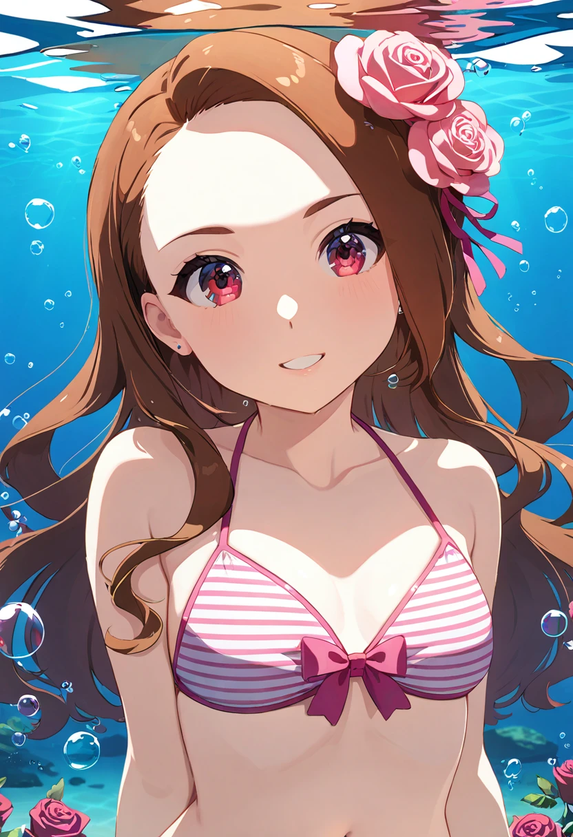 1girl, (a beauty girl, delicate girl:1.3), (yo:1.3), (Cute style:1.2),
break, (white and pink stripe pattern bikini, navel:1.2),
break, (underwater, bubbles background:1.3),
break, very fine eyes, (symmetrical eyes:1.3), (smile:1.1),
break, (small breasts:1.0), (rose red eyes),
break, (eyes and faces with detailed:1.0),  (brown hair),
break, (masterpiece, best quality, ultra detailed, detailed face, 8k), dsiori,