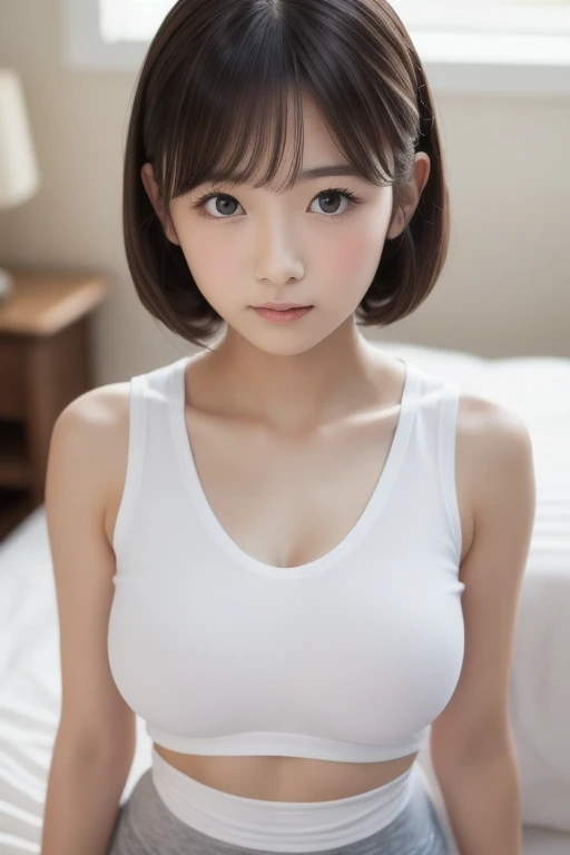 8K, best quality, Real images, Intricate details, Ultra Detailed, Ultra-high resolution, Depth field,(Practical,Practical:1.2), front Photo ,whole body, 1 girl, Very beautifulld girl, big eyes,、Beautiful huge breasts、(Very detailed eyes:1.2)、(Huge breasts:1.1)、Covered nipples:1.4，curls、curls、Bangs、, Perfect skin, White skin, cleveage, Tight waist, faint blush, Solitary, Looking at the audience, A faint smile、(Tight white vest、 Yoga Pants)、bedroom