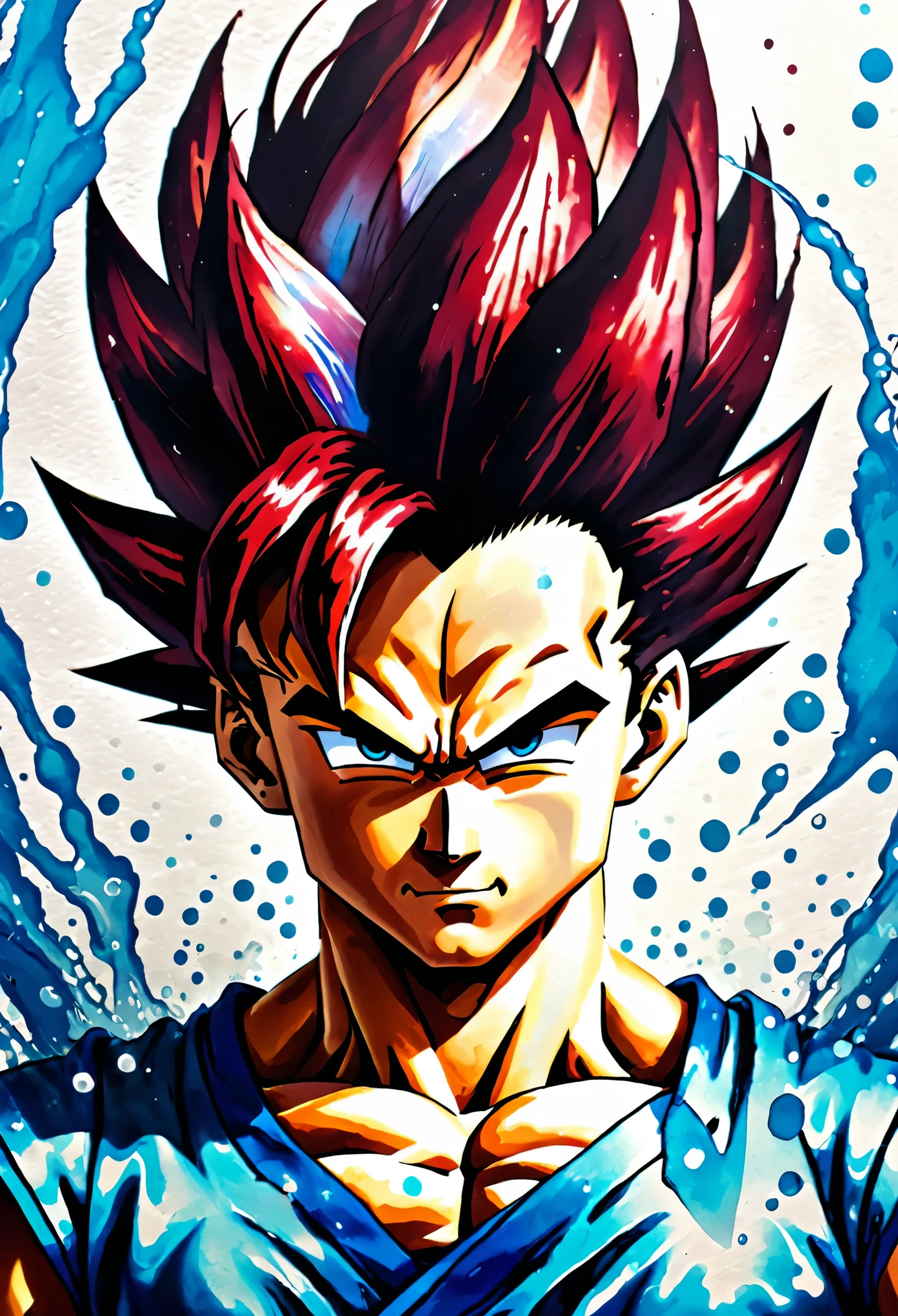 Watercolor painting with water. Estompe. Paper grain. Infusion. Gogeta aux cheveux rouges Super Saiyan 4 de Dragon Ball Z en fusion. high quality.