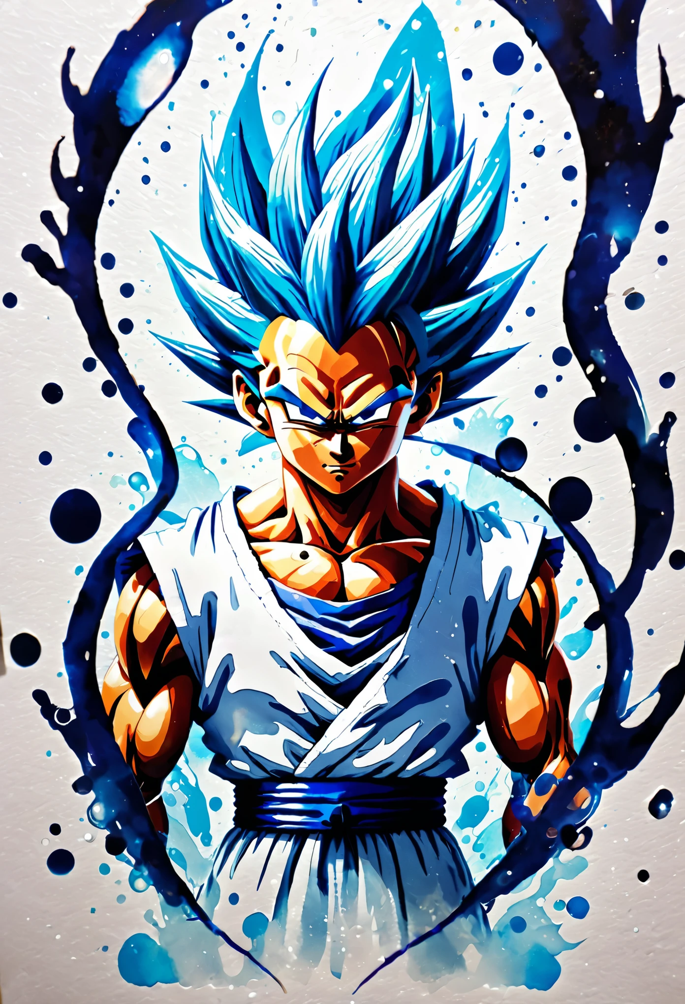 Watercolor painting with water. Estompe. Paper grain. Infusion. Gogeta aux cheveux rouges Super Saiyan 4 de Dragon Ball Z en fusion. high quality.