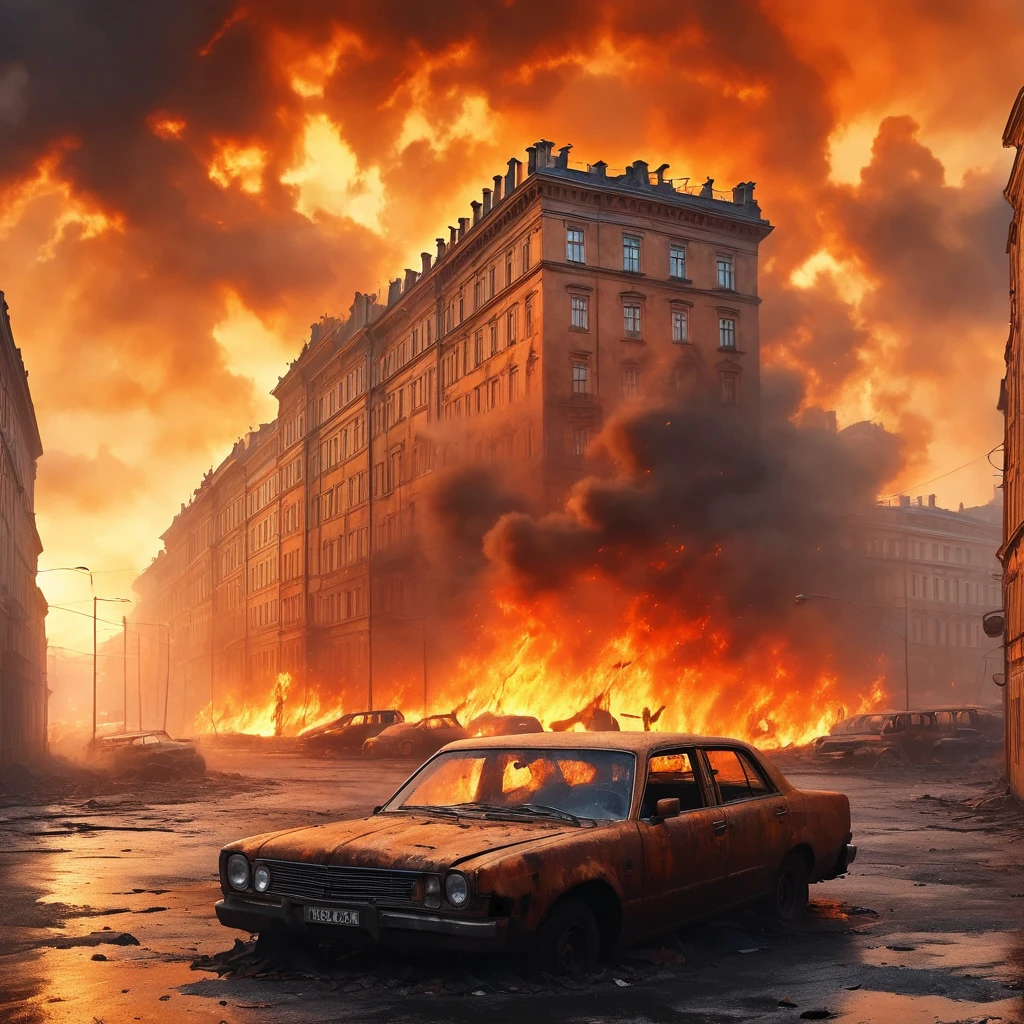 Saint Petersburg city(masterpiece, best quality:1.2), adconstantin, fire, flame, street in the city, in hell, burning city, burning buildings, burning cars, rusty, dust, brown, Orange, dark sky, wicked, scary, horror