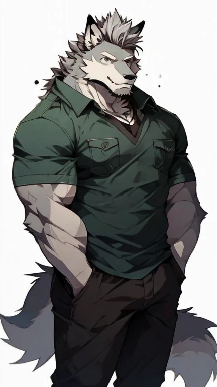 A Top Side Picture of A Very Muscular Furry style Gray Wolf. he is wearing A Full Dark Green Soldier suit. He is looking at the viewer. The background is just colour white. His hair is spikey and very messy. He have A gray hair. He have a little smile with blushes on his face. He have a very long gray tail. he have gray eyes. his one hand is scratching his head while his other hand is in his pockets because he is shy. he is standing in the background