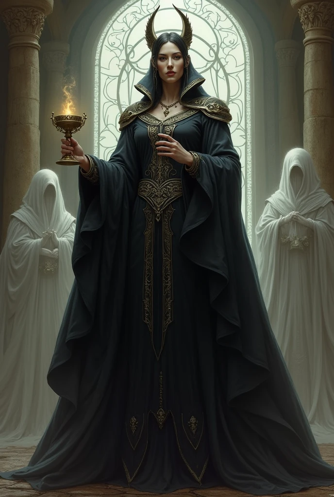 1 magician woman, expressive black eyes, elf ear, white hair, barely dressed with a black and red drape barefoot, ,ritual pose , a golden cup in one hand and using his fire magic in the other, full length portrait , mystical dungeon interior atmosphere in background, detail richness, masterpiece, best quality