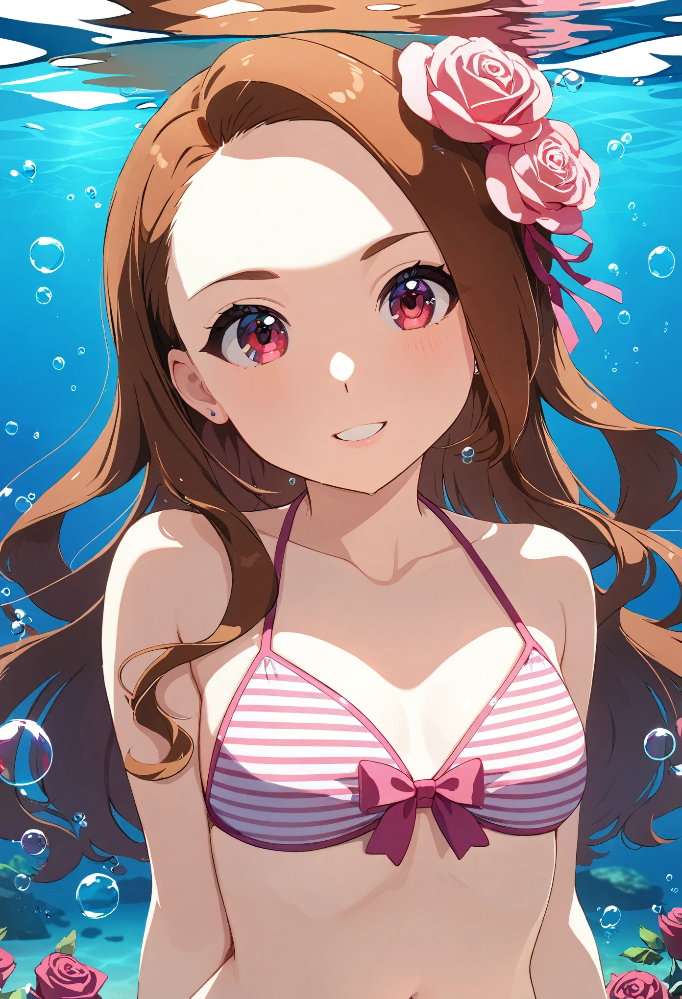 1girl, (a beauty girl, delicate girl:1.3), (**yo:1.3), (Cute style:1.2),
break, (white and pink stripe pattern bikini, navel:1.2),
break, (underwater, bubbles background:1.3),
break, very fine eyes, (symmetrical eyes:1.3), (smile:1.1),
break, (small breasts:1.0), (rose red eyes),
break, (eyes and faces with detailed:1.0),  (brown hair),
break, (masterpiece, best quality, ultra detailed, detailed face, 8k), dsiori,