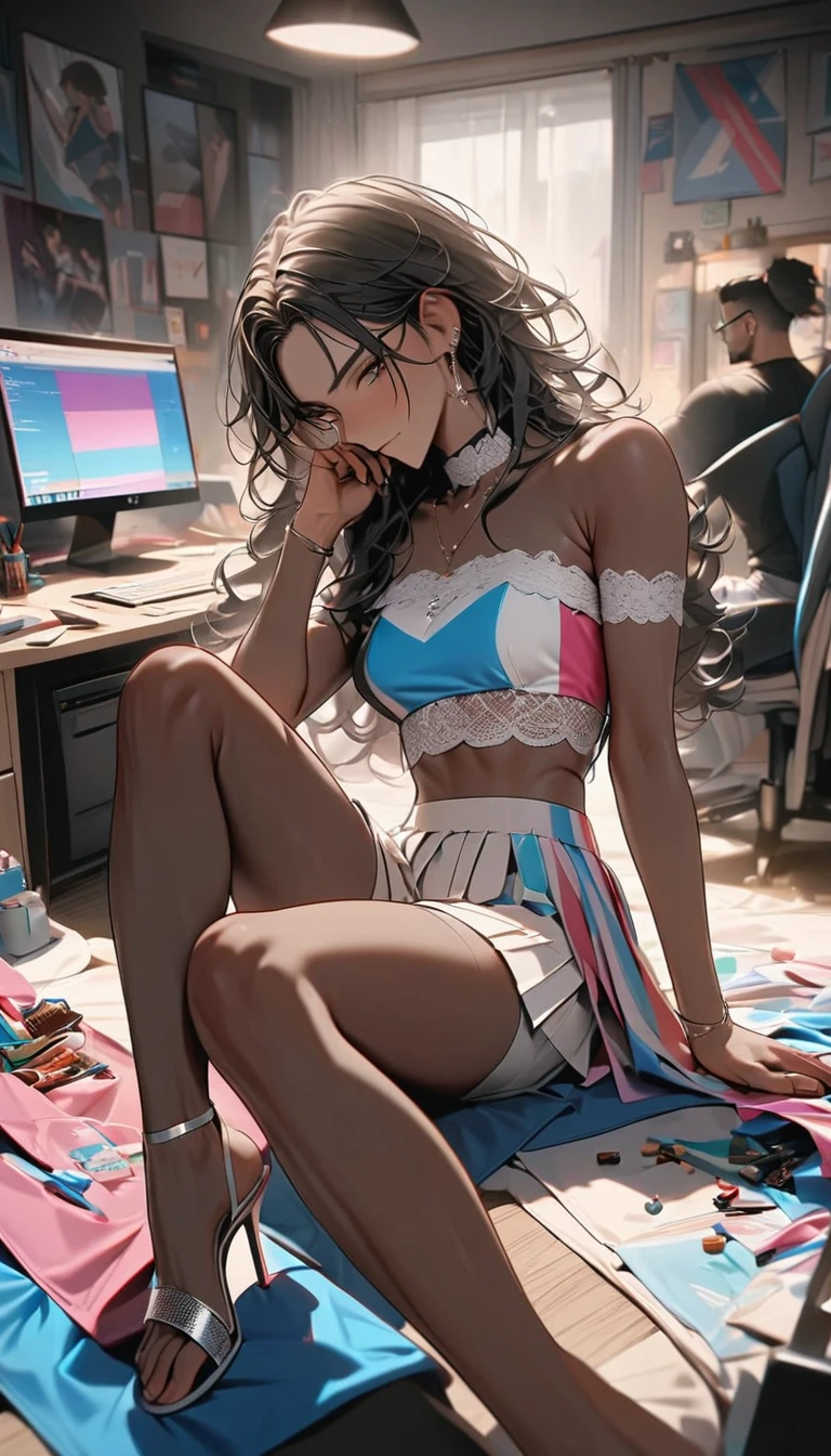 Two persons, Man and woman, brothers
((Adult transgender women)): (Very short pleated miniskirt. Lace strapless cropped top. eye glasses. Brown eyes, showing the whole body, brown skin color, Black long wavy hair. Clothes with the colors of the trans flag, blue pink and White, High heel silver sandals, Cute smille. Closed mouth, Makeup.);
((Adult man)): (Black T-shirt, White shorts. Brown eyes, (short black hair), caucasian skin, showing the whole body, wearing Snickers, Cute smille. Closed mouth.);
Both Working on a computer station, both sitting on chair, Bedroom background. High quality. 4k, 8k, many details. 
Masterpiece, accurate, anatomically correct, playing, detailed background, better quality, original work
Focus on details