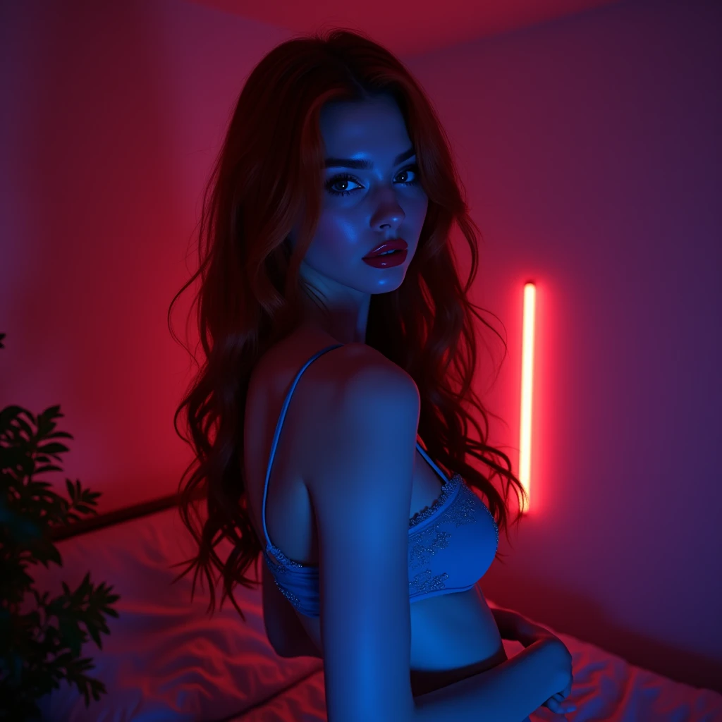 Sadie Sink, desnuda, cuerpo delgado, tumbada en la cama, futuristic room, fondo urbano nocturno en la ventana, luces de neon