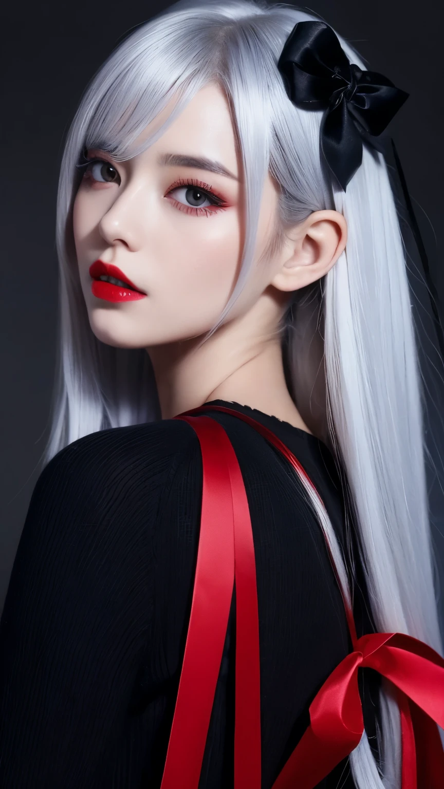 A woman with long white hair and red ribbon around her neck - SeaArt AI