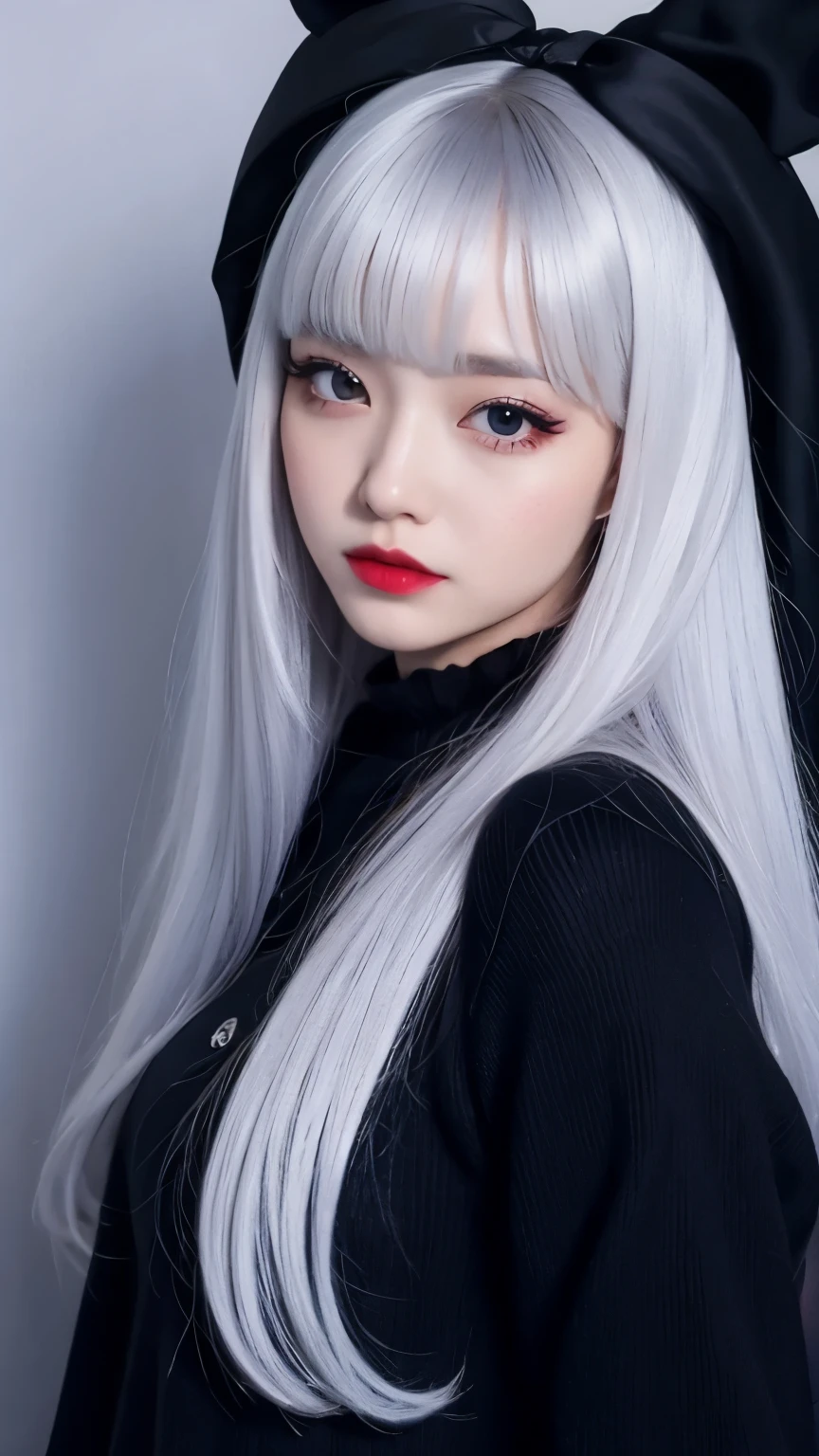 live-action、Real、Beautiful face girl、Black Goth Fashion、Beautiful silver hair、Silver Hair、Big red ribbon hair ornament、See who's watching、Soft Focus、White background