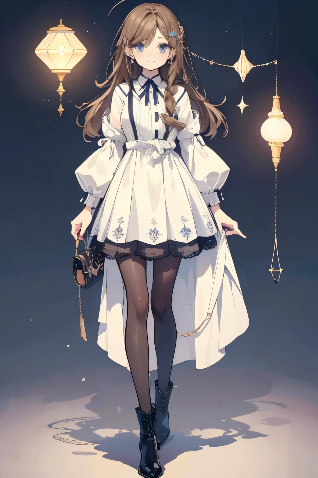 High resolution, Best Quality, masterpiece, Ultra-precision,Full body portrait,Character Portrait,One woman,Age 25, solo,adult,Look at, Beautiful Face,((Light brown hair)),Ahoge,Straight bangs, Hair blowing in the wind, Hair behind ears,Braided Hair,Long Hair ((Dark blue eyes)),Fine slanted eyes,Long eyelashes,smile,Knee-length dress,Scandinavian style clothing,tights,Short boots,Slender figure,Simple Background,Concept Art, 