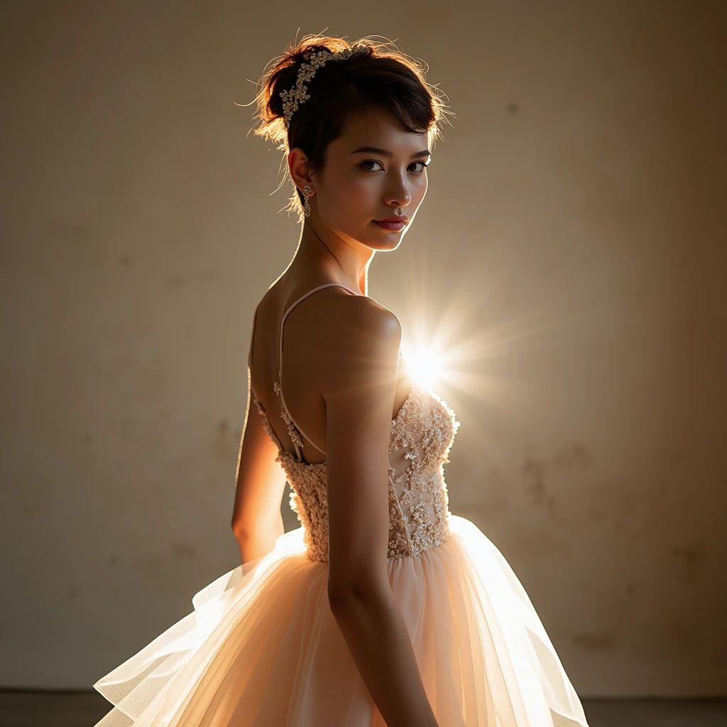 Fashion model photography, Ballet Dress, Strong design sense, Medium Shot, South African girl, short hair, hair accessory, Delicate skin, smile, Simple Background, High quality texture, Glare Backlight, Professional Studio Lighting