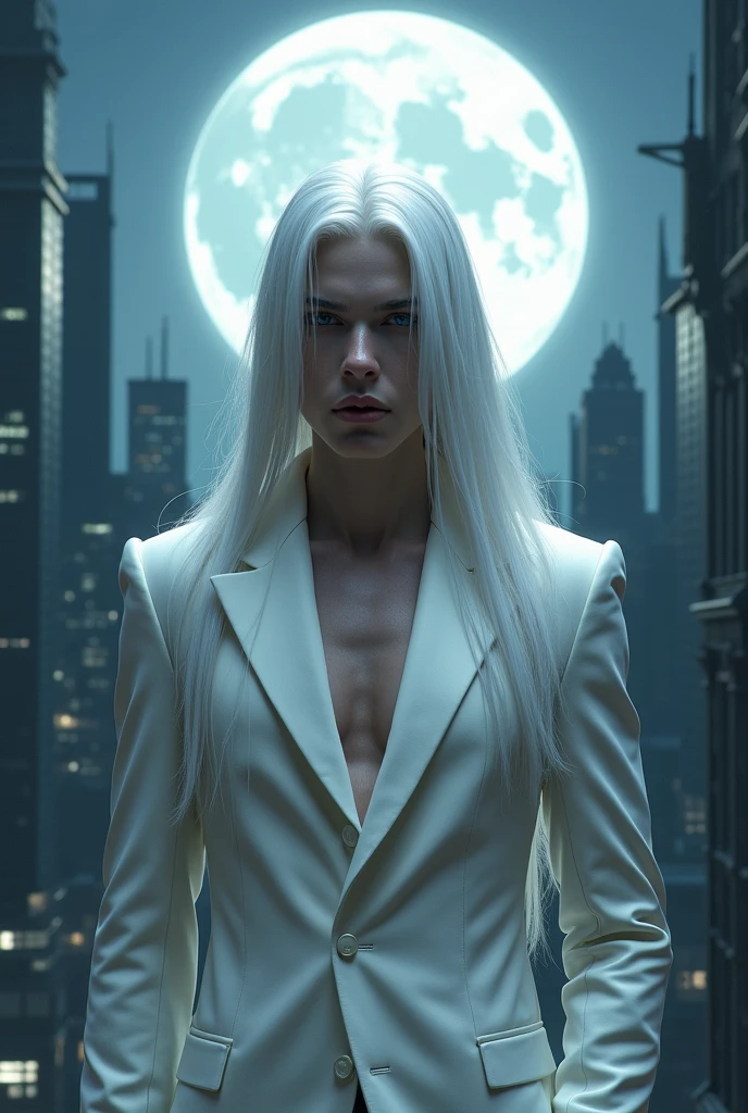 masterpiece, highest quality, (solo focus), (perfect face:1.1), (high detail:1.1), (hyper detailed eyes), dramatic, (1guy:0.5), (pale skin), long blonde hair, ethereal eyes, (light eyebrows), solo, long hair, Jordan Barrett, moon, night, white luxury suit, covered navel, pouty lips, fur, proud expression, futuristic city, detailed background, art by artgerm, cinematic lighting, roses, fashion, BalenciagaStyle