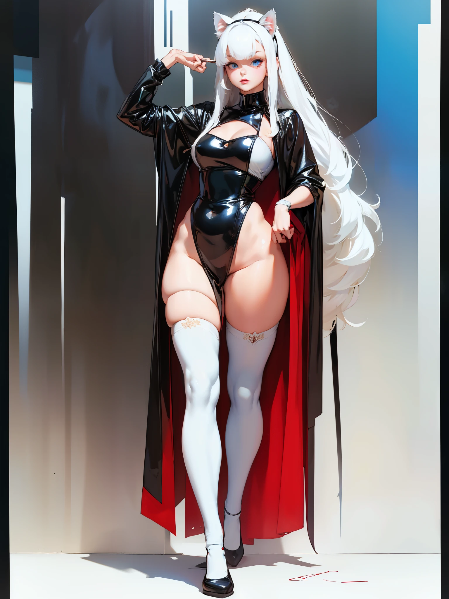 (best quality, masterpiece:1.2), illustration by hajime sorayama, perfect body, hyperfeminine curves, (detailed eyes), (detailed face), woman, long white hair, bangs, ponytail, cat ears, cat tail, light blue eyes, pale skin, curvy, high fashion outfit, latex, knee high socks, solo