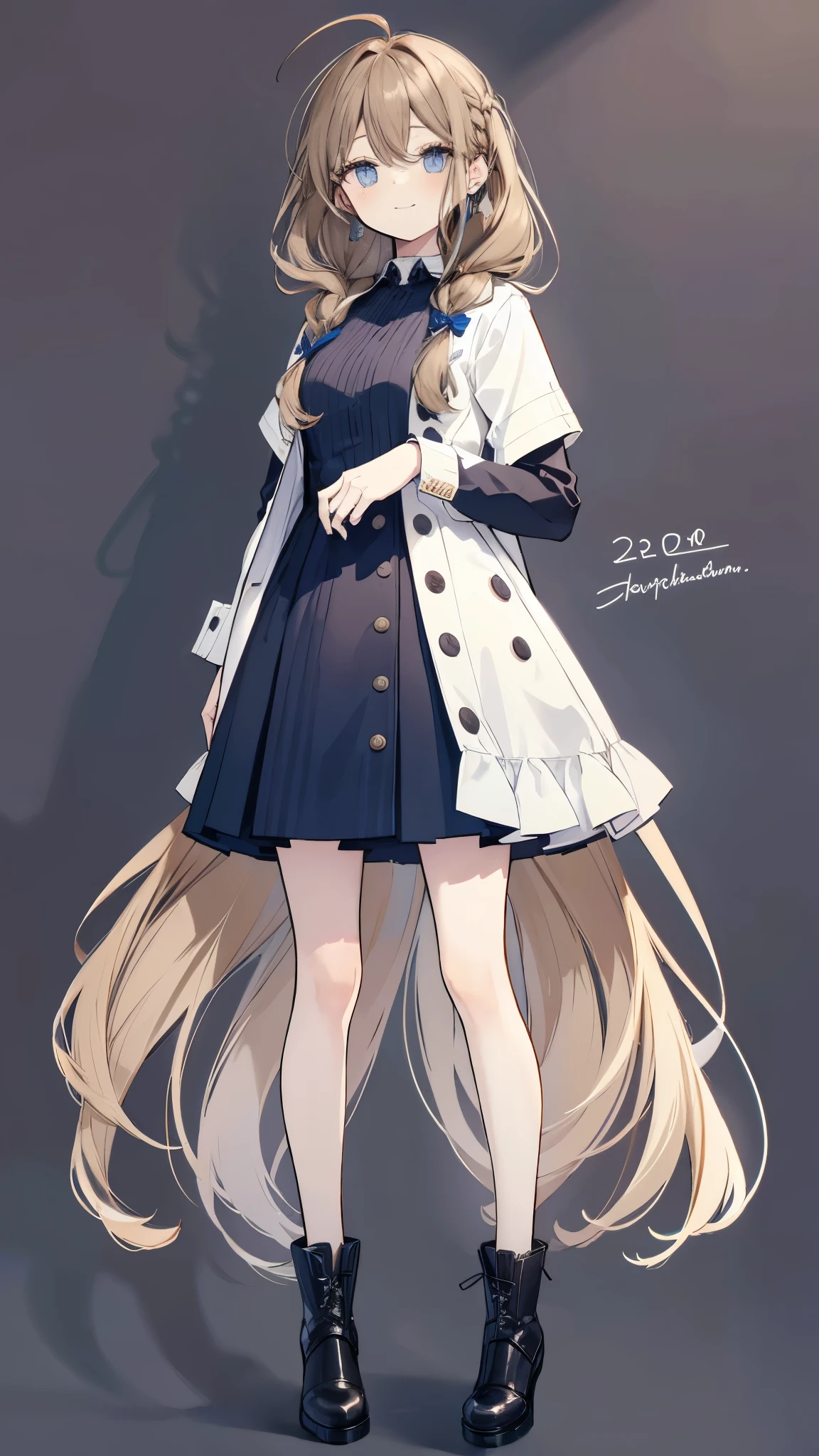 High resolution, Best Quality, masterpiece, Ultra-precision,Full body portrait,Character Portrait,One woman,Age 25, solo,adult,Look at, Beautiful Face,((Light brown hair)),Ahoge,Straight bangs, Hair blowing in the wind, Hair behind ears,Braided Hair,Long Hair ((Dark blue eyes)),Fine slanted eyes,Long eyelashes,smile,Knee-length dress,Scandinavian style clothing,tights,Short boots,Slender figure,Simple Background,Concept Art,