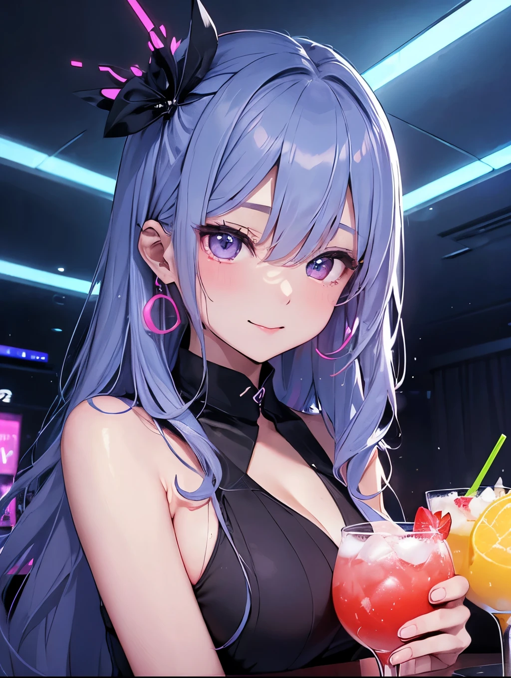 1girl, breasts, star_\(symbol\), long_hair, drinking_straw, bubble_tea_challenge, bubble_tea, sona_\(league_of_legends\), shirt, twintails, solo, cleavage, drink, upper_body, short_sleeves<lora:mk:0.66>