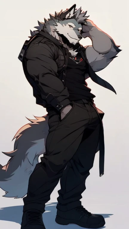 A Top Right Side Picture of A Very Muscular Furry style Gray Wolf. he is wearing A Full Dark Green Soldier suit. He is looking at the viewer. The background is just colour white. His hair is spikey and very messy. He have A gray hair. He have a little smile with blushes on his face. He have a very long gray tail. he have gray eyes. his one hand is scratching his head while his other hand is in his pockets because he is shy. he is standing in the background