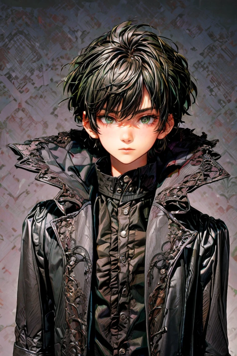 (masterpiece), 1boy, best quality, expressive eyes, perfect face, face shot, black hair, green eyes short hair, handsome, darkened face, black jacket, black shirt, fur coat, , close up, head only shot, very close-up shot view, eyes looking to viewer, foreshortening, viewed from above, handsome boy,