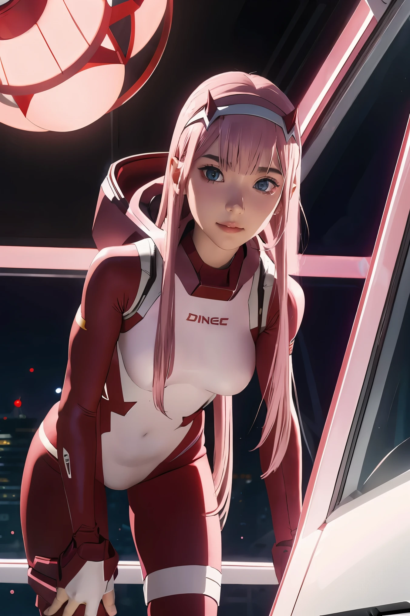 dynamic angle,ultra-detailed, illustration, straight on, 1girl, ((Zero two, interface headband with a pair of horns, red bodysuit:1.4, pink hair)), Her eyes shone like dreamy stars,(glowing eyes:1.233),(beautiful and detailed eyes:1.1),(expressionless, closed mouth),(standing), (mechanic room with tools and spaceship window in a white SPACESHIP), (night:1.2), dreamy, [[delicate fingers and hands:0.55]::0.85],(detail fingers), smirk,