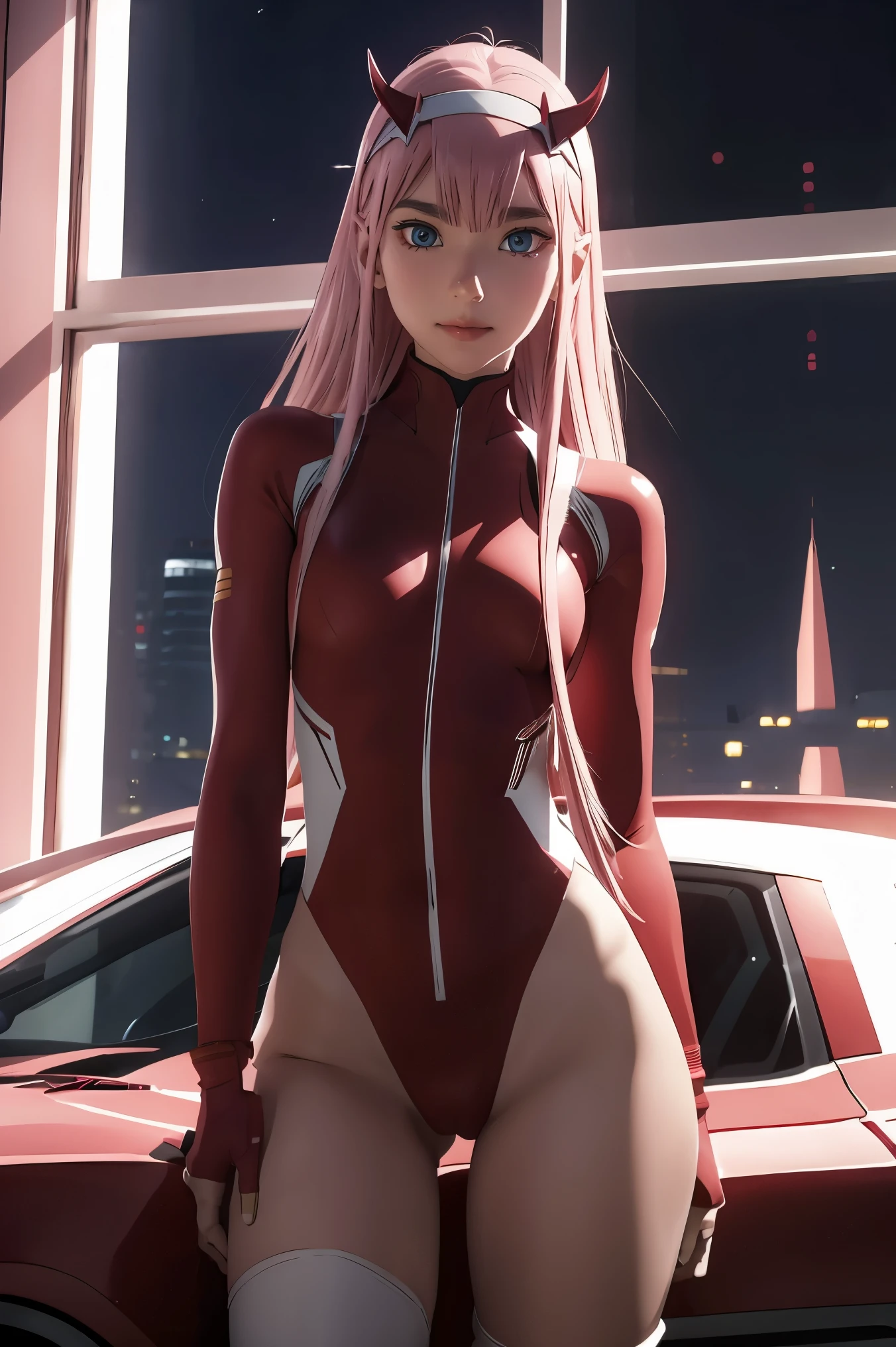 dynamic angle,ultra-detailed, illustration, straight on, 1girl, ((Zero two, interface headband with a pair of horns, red bodysuit:1.4, pink hair)), Her eyes shone like dreamy stars,(glowing eyes:1.233),(beautiful and detailed eyes:1.1),(expressionless, closed mouth),(standing), (mechanic room with tools and spaceship window in a white SPACESHIP), (night:1.2), dreamy, [[delicate fingers and hands:0.55]::0.85],(detail fingers), smirk,