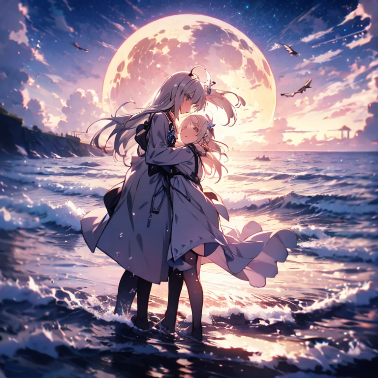 A little anime girl and two adult women walking in the sea, They are hugging each other,Beautiful fantasy anime, high detailed Official Art, Silver-haired God, Shadowverse Style, Anime Goddess, Nightcore, Detailed Key Anime Art, Official Art, Masterpiece Goddess of Beauty, Anime fantasy illustration, Detailed digital anime art, Epic light novel art cover, From the Arknights video game, Anime fantasy artwork, Calm background, Bright white moon, white beach dress, Sea view,