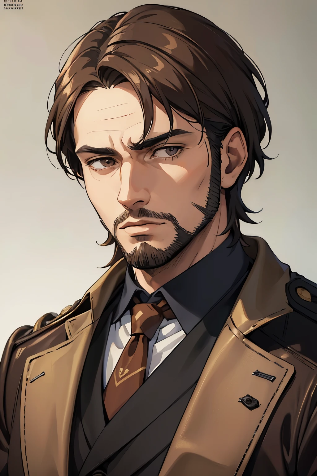 masterpiece, best quality, 1man, brunette hair, brown eyes, coat, old, beard, short hair, anime, mugshot, arrogant, detailed eyes, detailed facial features, realistic and high resolution (best quality, 4k, 8k, highres, masterpiece:1.2)