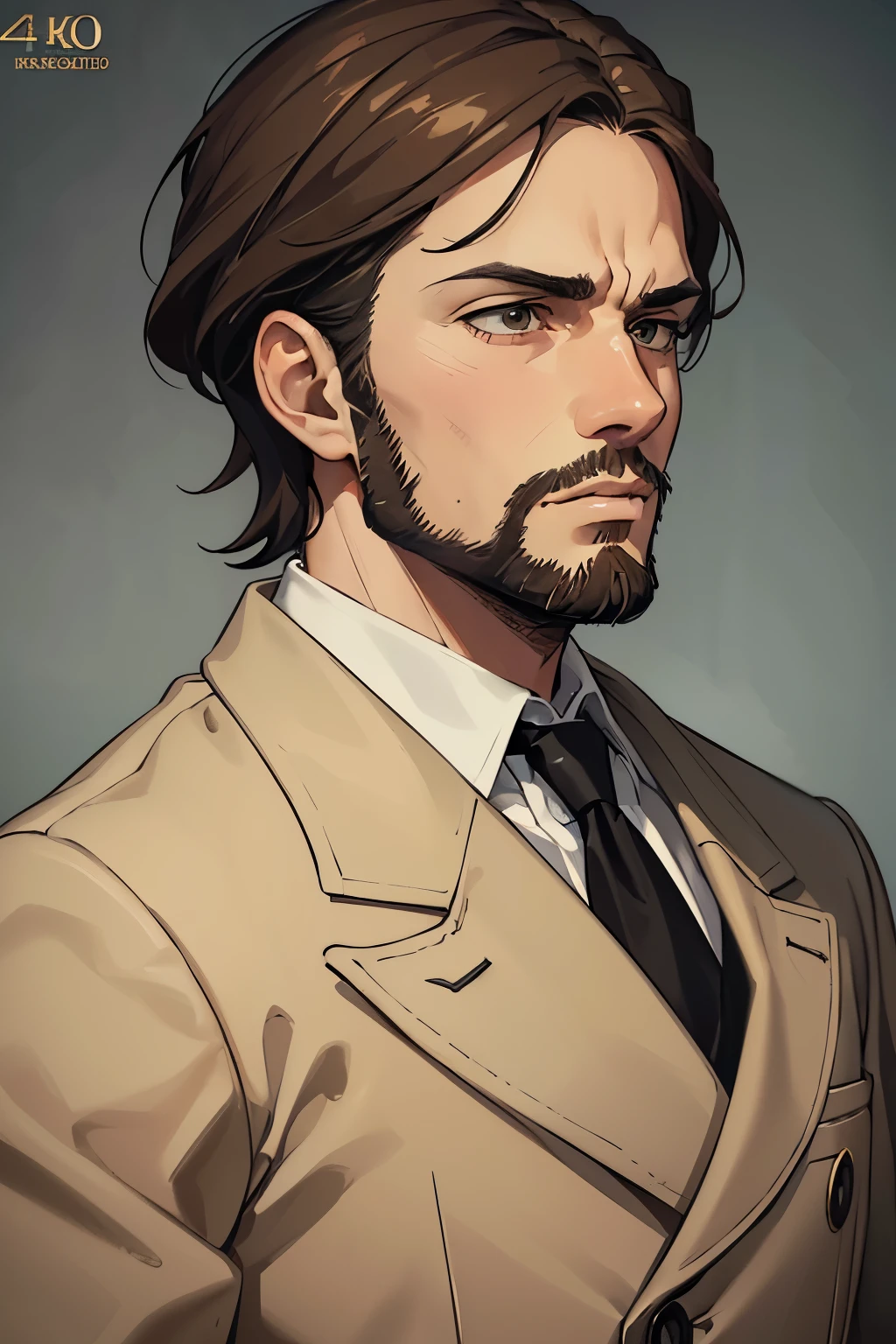 masterpiece, best quality, 1man, brunette hair, brown eyes, coat, old, beard, short hair, anime, mugshot, arrogant, detailed eyes, detailed facial features, realistic and high resolution (best quality, 4k, 8k, highres, masterpiece:1.2)