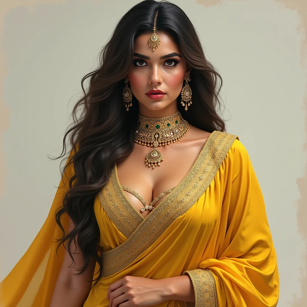 Masterpiece, upper body portrait, girl, middle ages, Yellowish saffron dress slik smooth Arabian style, classicism, andrey atroshenko style, painting, traditional media, realistic, figurative, fine art, oil on canvas, HDR, 8K, original character, high resolution, high detail, focus on the face, intricate, flawless. The background should be a magical swirl few dust small white amber blue flower