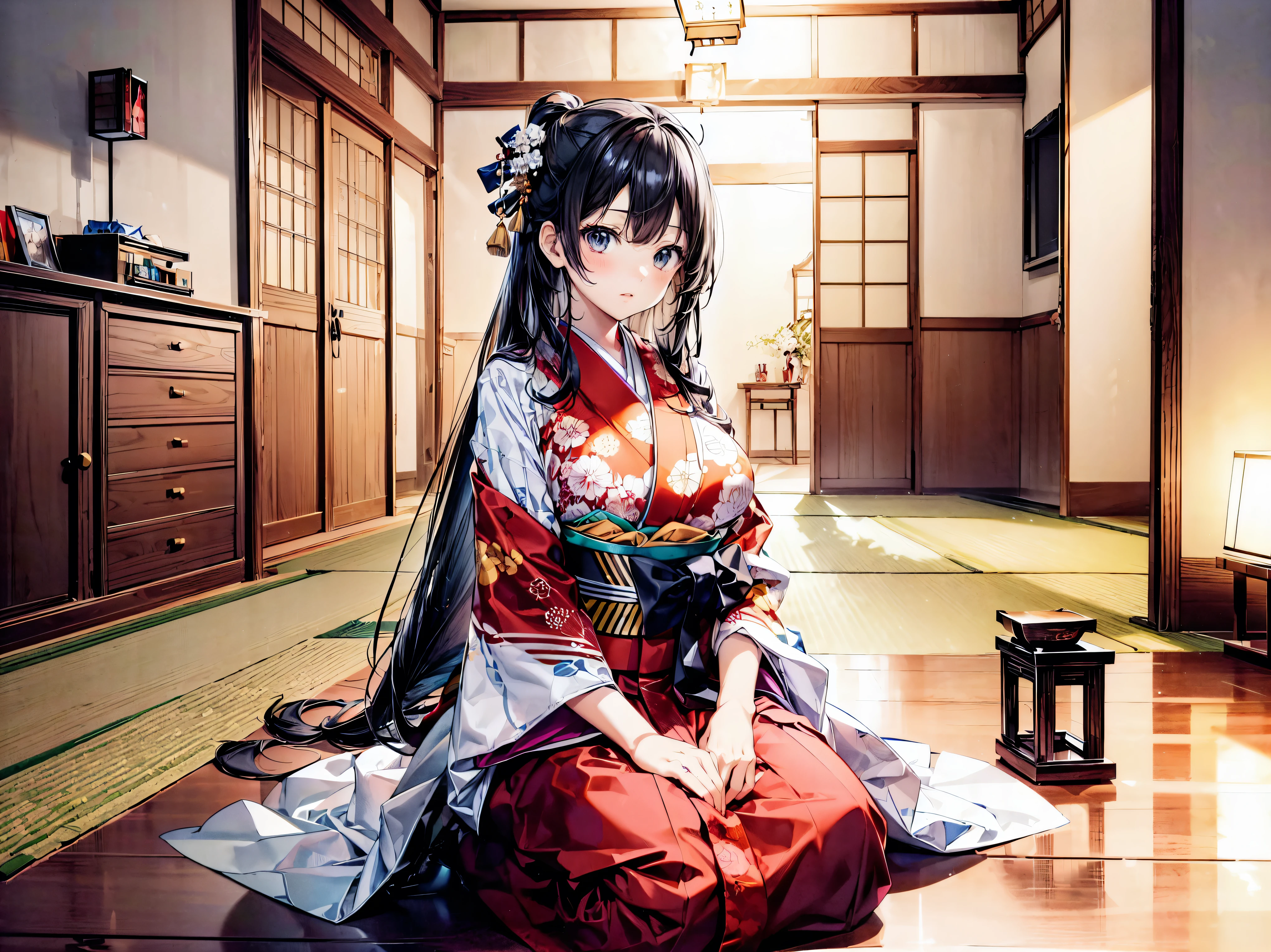 (Solo Girl:1.3), (Straight long hair, Shiny and glossy black hair:1.3), traditional Japanese clothing, Traditional Japanese Kimono, (layered kimono), Hakama, (((worn kimono over another kimono))), Floating Fabric, indoor, Plank floor, (huge breasts), from sengoku period in Japan, from front, cowboy shot, seiza, seiza, sitting, (((ultra detailed))), (((ultra resolution))), (((best quality))) (moe animation art style:1.5), 