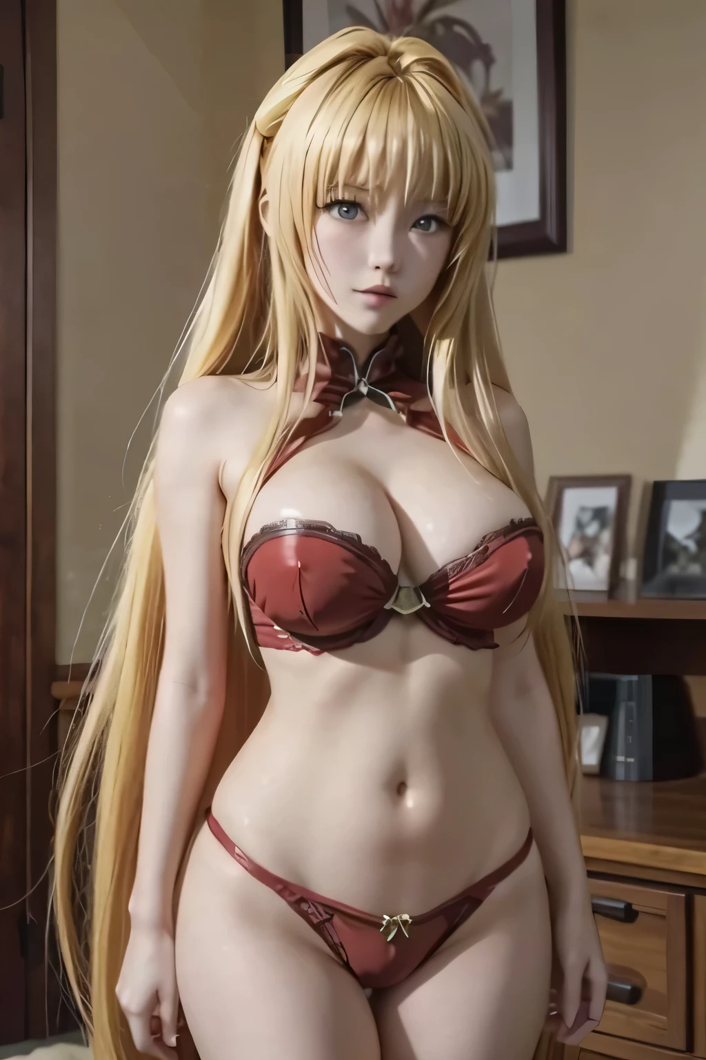 Anime sculpture of yami, long blonde hair in red lingerie,with colossal breasts and big hips 