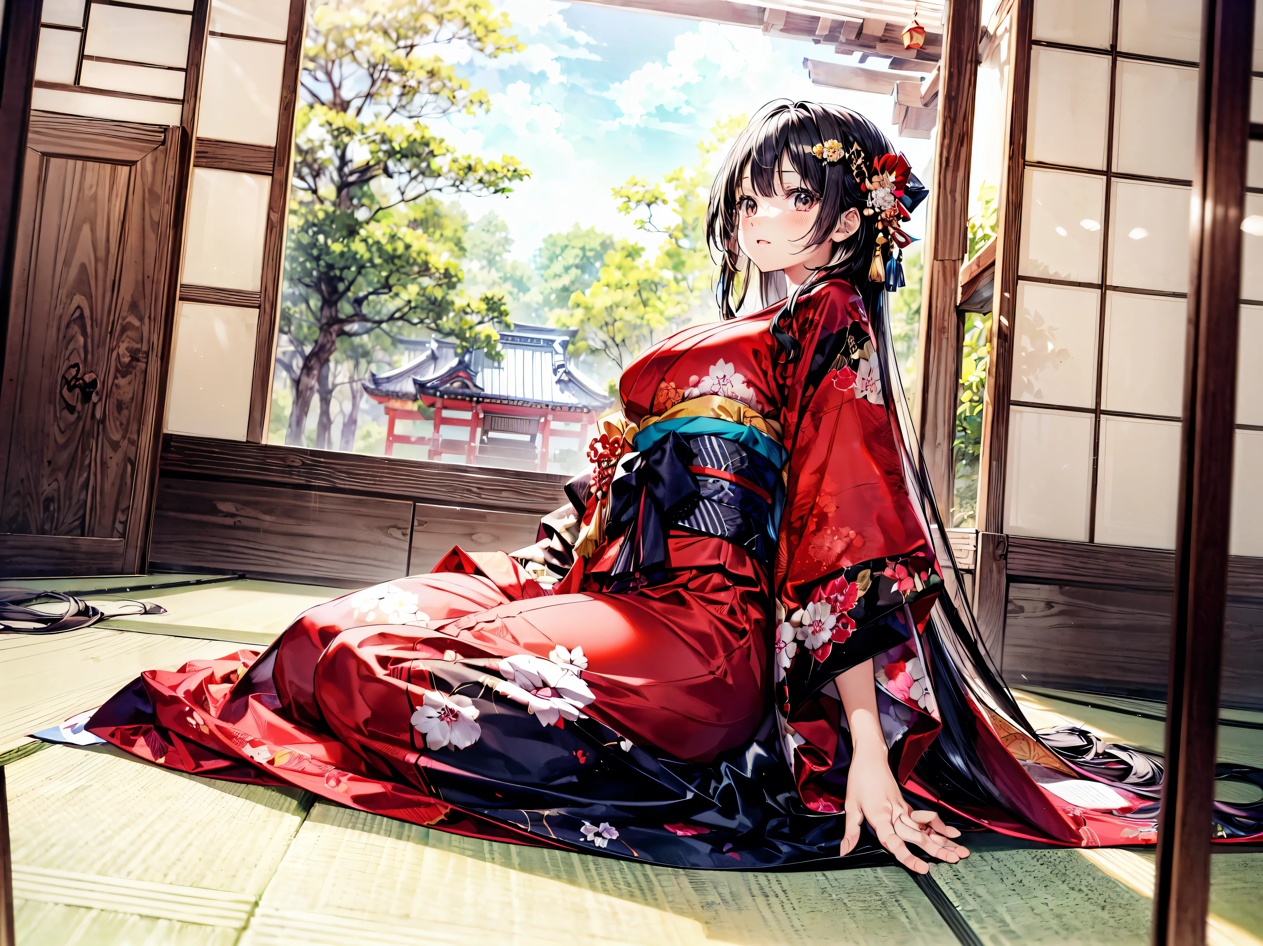 (Solo Girl:1.3), (Straight long hair, Shiny and glossy black hair:1.3), traditional Japanese clothing, Traditional Japanese Kimono, (layered kimono), Hakama, (((worn kimono over another kimono))), Floating Fabric, indoor, Plank floor, (huge breasts), from sengoku period in Japan, from front, cowboy shot, seiza, seiza, sitting, (((ultra detailed))), (((ultra resolution))), (((best quality))) (moe animation art style:1.5), 