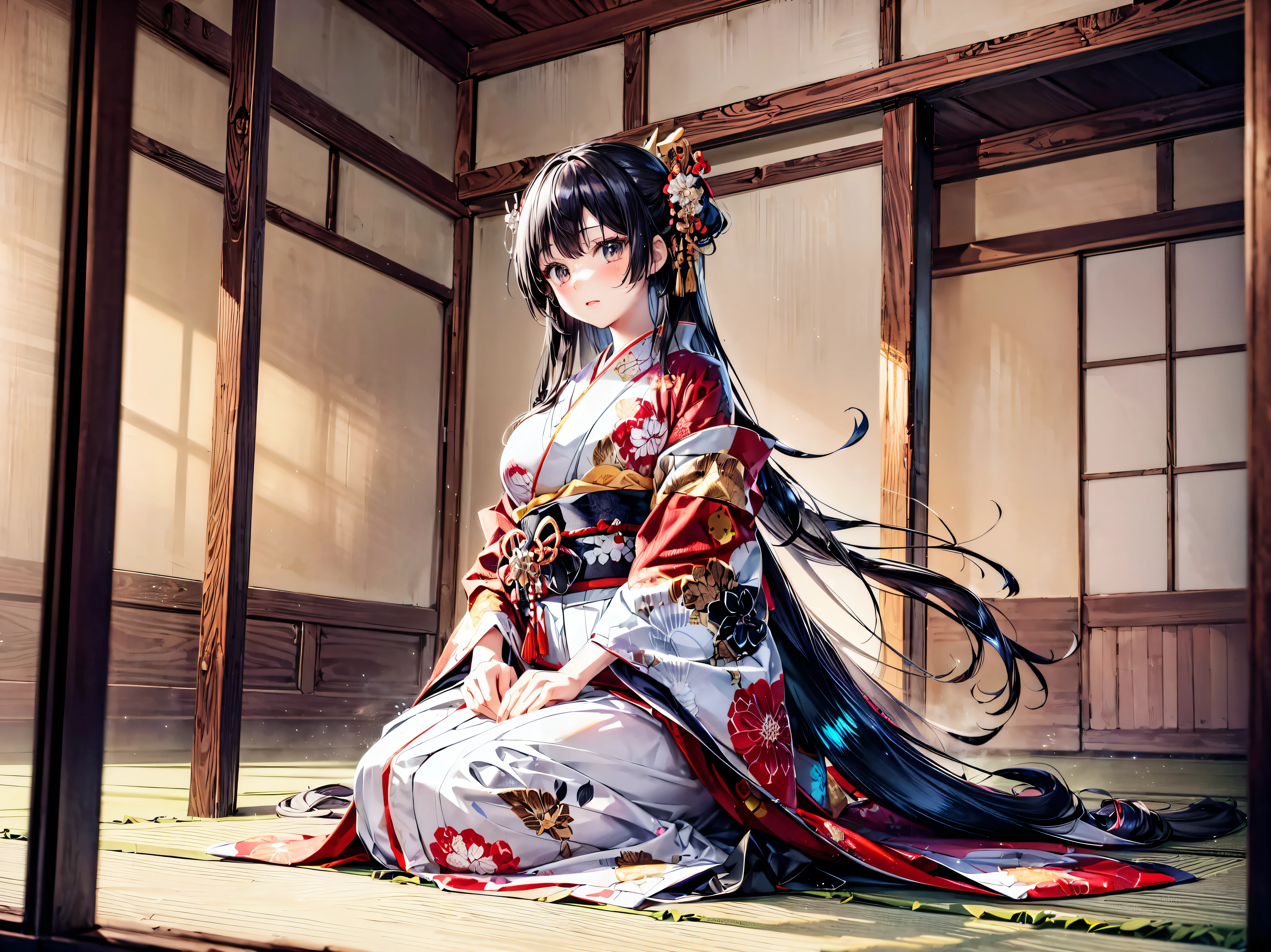 (Solo Girl:1.3), (Straight long hair, Shiny and glossy black hair:1.3), traditional Japanese clothing, Traditional Japanese Kimono, (layered kimono), Hakama, (((worn kimono over another kimono))), Floating Fabric, indoor, Plank floor, (huge breasts), from sengoku period in Japan, from front, cowboy shot, seiza, seiza, sitting, (((ultra detailed))), (((ultra resolution))), (((best quality))) (moe animation art style:1.5), 