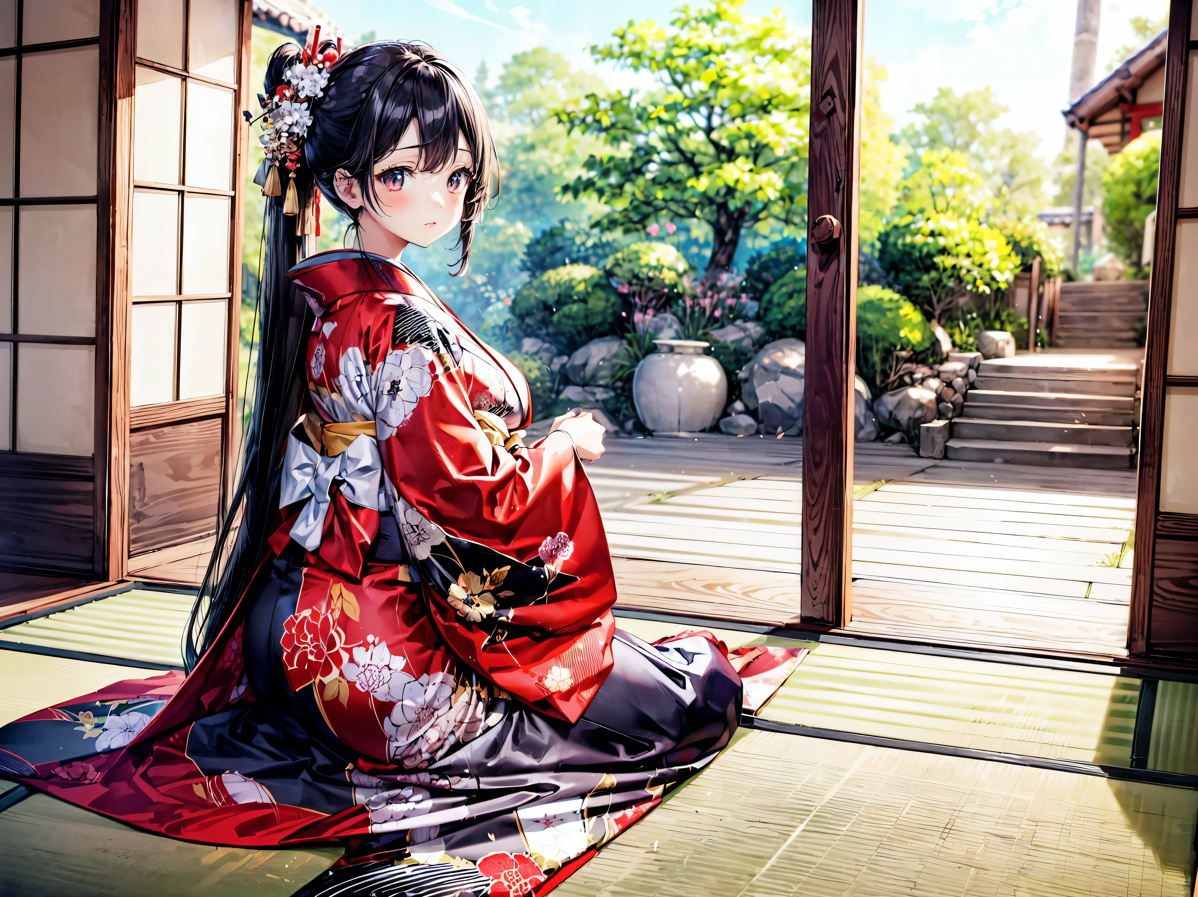 (Solo Girl:1.3), (Straight long hair, Shiny and glossy black hair:1.3), traditional Japanese clothing, Traditional Japanese Kimono, (layered kimono), Hakama, (((worn kimono over another kimono))), Floating Fabric, indoor, Plank floor, (huge breasts), from sengoku period in Japan, from front, cowboy shot, seiza, seiza, sitting, (((ultra detailed))), (((ultra resolution))), (((best quality))) (moe animation art style:1.5), 