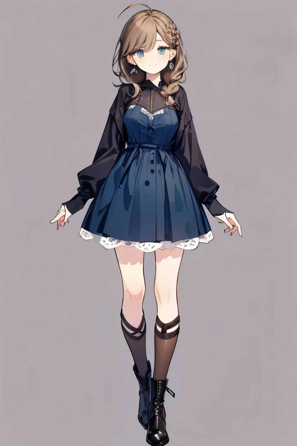 High resolution, Best Quality, masterpiece, Ultra-precision,Full body portrait,Character Portrait,One woman,Age 25, solo,adult,Look at, Beautiful Face,((Light brown hair)),Ahoge, Hair behind ears,Braided Hair, ((Dark blue eyes)),Fine slanted eyes,Long eyelashes,smile,Knee-length dress,Scandinavian style clothing,tights,Short boots,Slender figure,Simple Background,Concept Art,