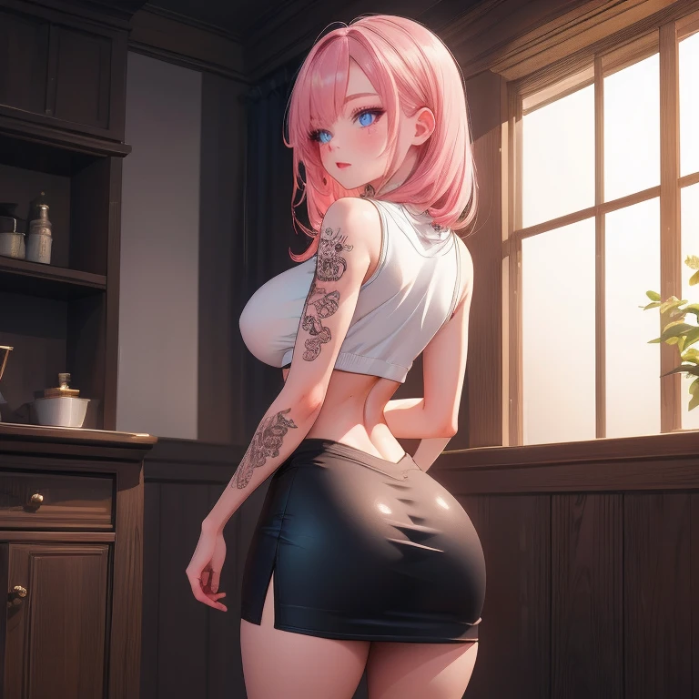 full body Waifu beautiful detailed eyes, beautiful detailed lips, extremely detailed eyes and face, longeyelashes, 1girl, sensual, young woman, sexy medium / large breasts, beautiful feminine face, nice sexy thighs, slim, sexy, erotic, beautiful clothes, perfect body, perfect anatomy of female, cinematic lighting and framing, (best quality,4k,8k,highres,masterpiece:1.2),ultra-detailed,digital painting,portrait,glamorous,highly detailed,soft lighting, vivid color tones ((masterpiece)), ((best quality)), (ultra-detailed) a young woman with long pink hair, with a tattooed body, wearing a miniskirt with a white crop top, from the back subtly showing her ass full body image