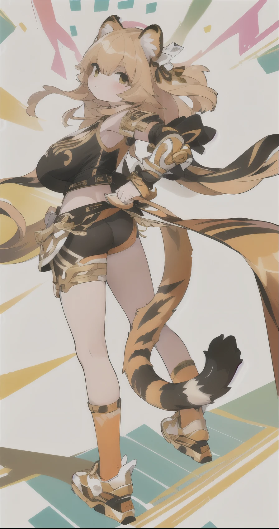 high quality，Q version，Large head proportions，girl，Light long hair，The hair ends are orange，Tiger ears，Gold Hairpin，Show your shoulders，White top，Show your back，Orange and gold hem，Black fur arm guards，Dark Teal Leggings，There is a gold leg ring on the left thigh，Large Breasts，Golden wristband，Gold finger guard，Gold Roller Shoes，Tiger Tail，White background