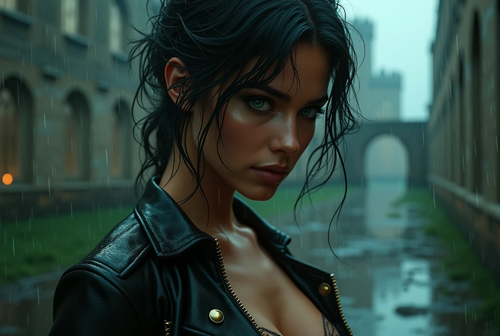 ((Best Quality, 8K, Masterpiece: 1.3)), Crisp: 1.2, White Woman,Hair with Green Locks,Brown Eyes, Wearing Sexy Neckline, Big Breasts: 1.5, Perfect Body Beauty: 1.4, Slim Abs: 1.2, ((Layered Hairstyle, Big Breasts: 1.2)), (Wet White Button Long Shirt: 1.1), (Rain, Street: 1.2), Wet: 1.5, Green Lock Hair: 1.5, Highly Detailed Facial and Skin Texture,  Detailed eyes, Double eyelids, Side face looking at the camera