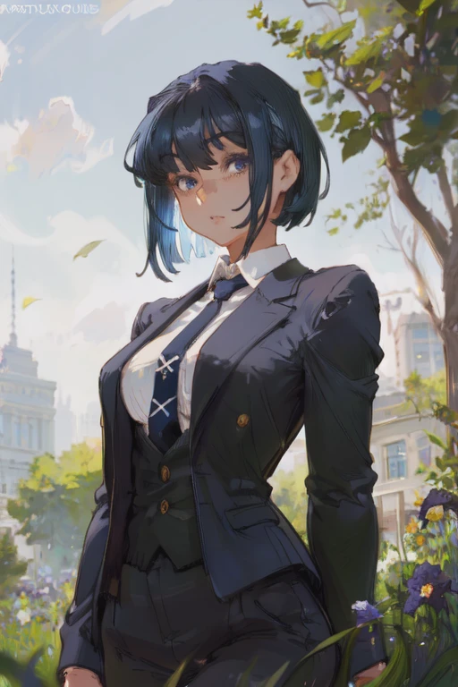 1 girl, tall, cool, cute, (detailed eyes), blue irises, short blue hair, black suit and tie, medium breasts, in a grassy park, (colorful), blurry background, depth of field, (high definition), masterpiece, smooth and clean, [cutesexyrobutts' artstyle]