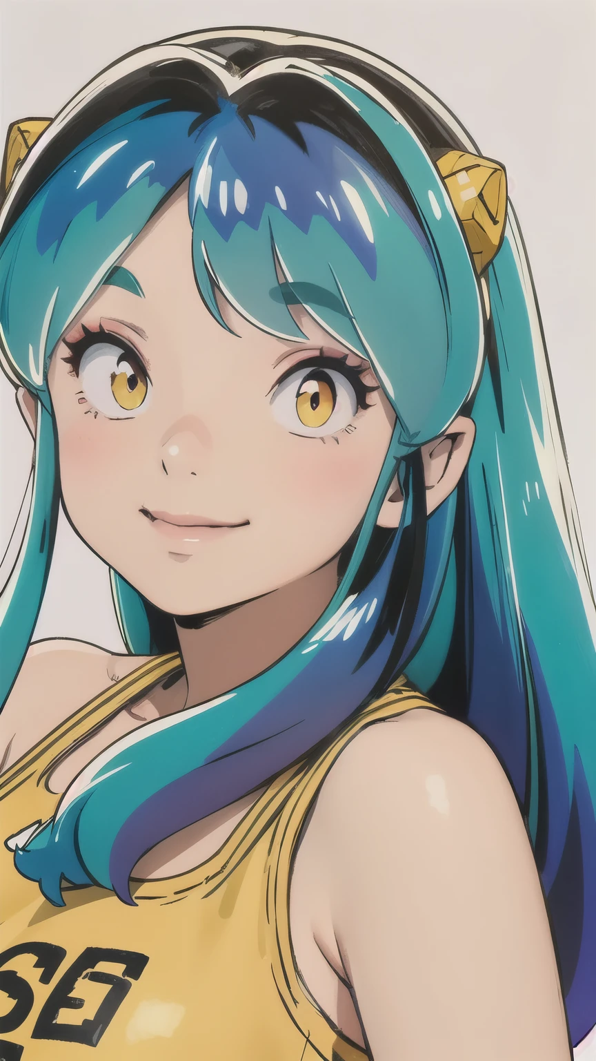 Ram、Yellow T-shirt、Green Hair、Pantyhose、Upper Body、Face close-up、Photographed from the front、smile、blush、Large Breasts、masterpiece、Simple Background、Best Quality