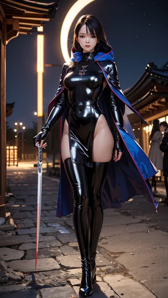 Juri Han,,viewed from the top,looking from above,staring overhead,best qualityer,blue outfit,Chun-Li,standing alone, work of art, best qualityer, agrias, gray sweater, collant preto, standing, gazing at viewer, shorth hair,the eyes,evil smile, evil gaze,black gloves,blue outfit,yandere face,poor lighting,healed thigh detailed cup,looking forward jury han,Bela,detailed hand
