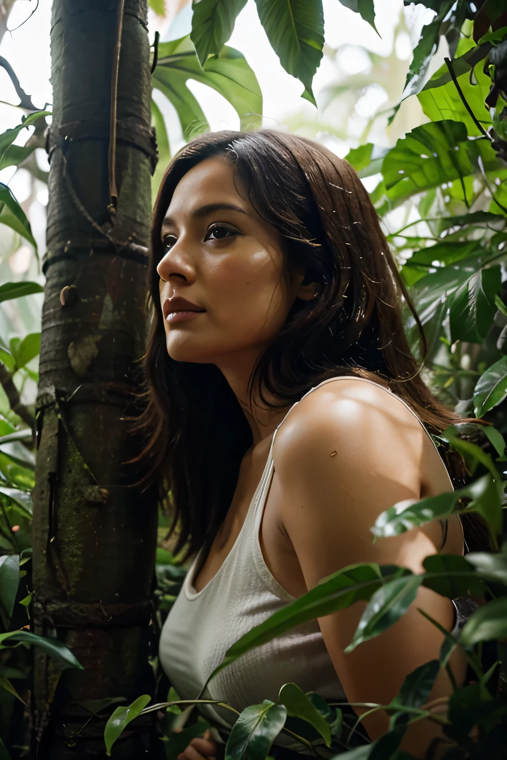 Mujer en el bosque, Cabello largo, Brazos cruzados , Parte superior del cuerpo,  camisa blanca, (open shirt:0.8),  retrato, Closeup, Looking at camera, La mejor calidad, nikon d850, film stock, ISO noise, photograph 4 kodak 400 camera f1.6 lens, cinestill 800, (Lente de 100 mm),  third rule, rich colors ,hyper realistic, lifelike, texture, natural lighting, trending on artstation,