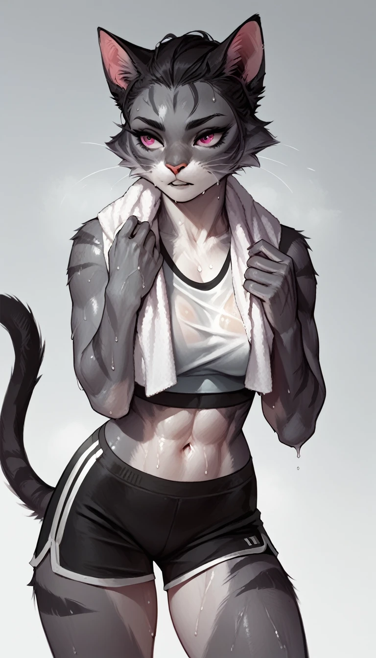 Furry, female cat, cat, athletic body, relief press, Sports top, sports shorts, towel around neck, sweaty, wipes sweat from forehead, 