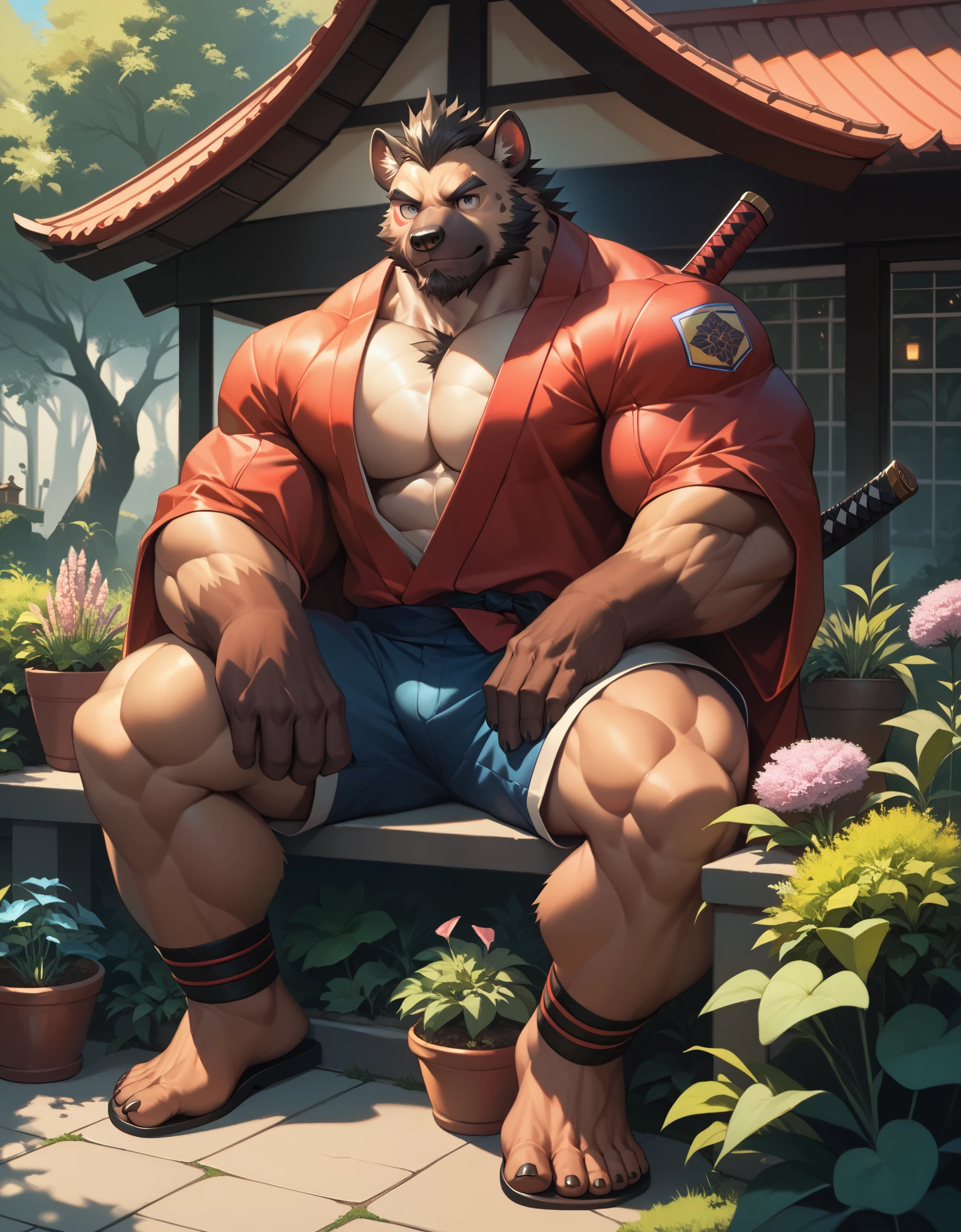 bara hyena, fur, strong physique, perfect anatomy, masterpiece, black beard, squad:1.2, big eyes, solo, great lighting, shorts, japanese, red kimono, katana in shoulder, background garden, sitting in terrace, tarditional house